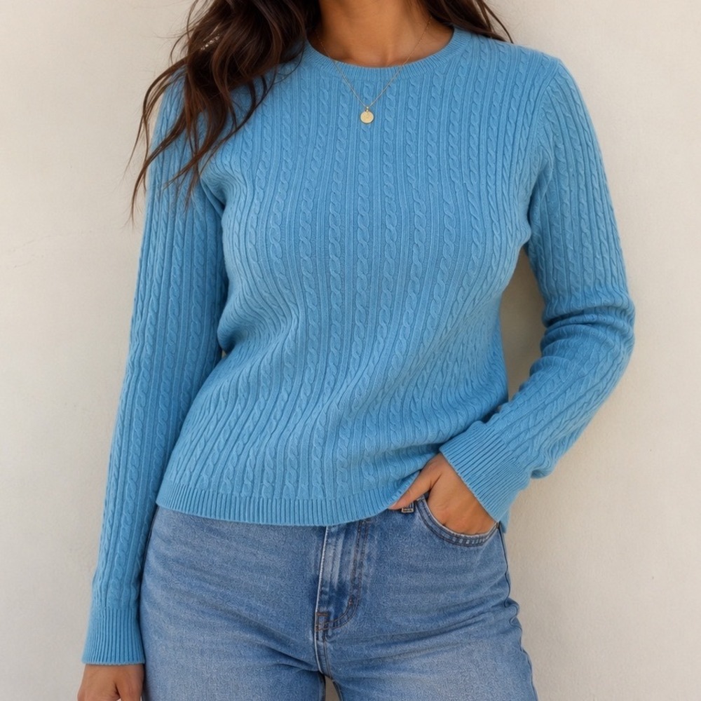 Anne Klein Sport 100%‎ Cashmere Cable Knit Crewneck Sweater Sky Blue Large gf